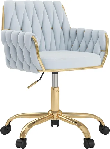 Miniatura 15 de Silla de terciopelo para oficina en casa, moderna silla de tocador de altura ajustable con base dorada y respaldo tejido a mano para dormitorio