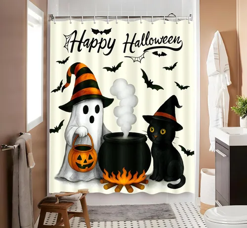 Miniatura 2 de Tieshankao Decoración de baño de Halloween, cortina de ducha de calabaza fantasma, gato, decoración espeluznante con 12 ganchos de 72 x 72 pulgadas