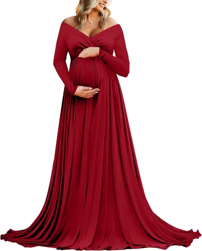 Saslax - Vestido de noche de maternidad con hombros descubiertos, corte de medio círculo, para baby shower, fotos