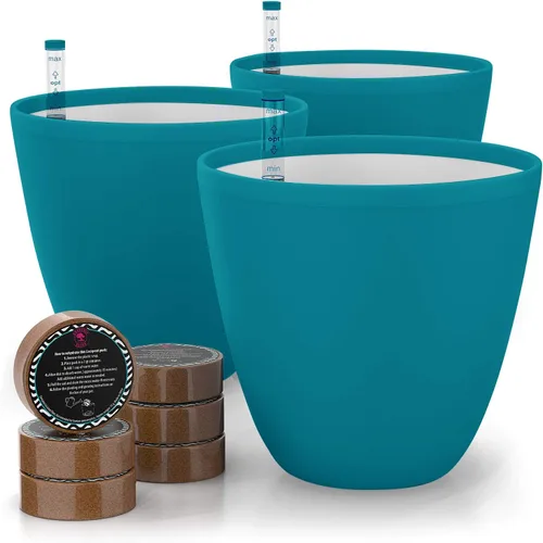 GARDENIX DECOR Macetas de riego automático para plantas de interior, paquete de 3 – Maceta con indicador de nivel de agua para plantas, herramienta