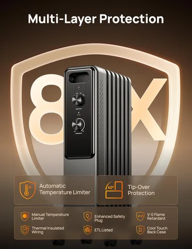 Miniatura 5 de Dreo Calentador de Radiador, Perillas Dobles, 8 Protecciones de Seguridad, Calentadores Eléctricos de Espacio de 1500W para Uso Interior Habitación