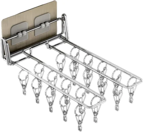 Miniatura 7 de Colgador montado en la pared para balcón, estante de secado de ropa plegable de acero inoxidable, organizador de clip de almacenamiento para ropa