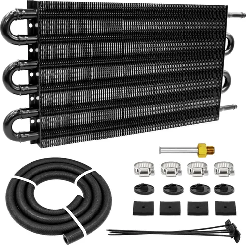 Miniatura 8 de Kit enfriador de transmisión de tubos y aletas Ultra-Cool de 4 pasos universal 402 de aluminio negro con kit de enfriador de aceite de 5/16