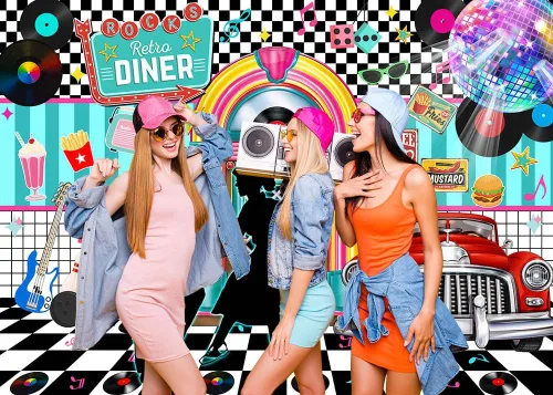 Miniatura 3 de Avezano Fondo retro de 7 x 5 pies de regreso a los años 50 Rock and Roll Retro Diner Disco Danza Fotografía Fondo de los años 50 Fiesta Tema Banner