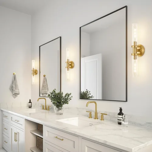 Miniatura 4 de SANTOSTOCK Lámpara de Vanidad de Baño de Oro Cepillado, Aplique de Pared Moderno de 2 Luces con Vidrio Transparente, Lámpara de Montaje en Pared