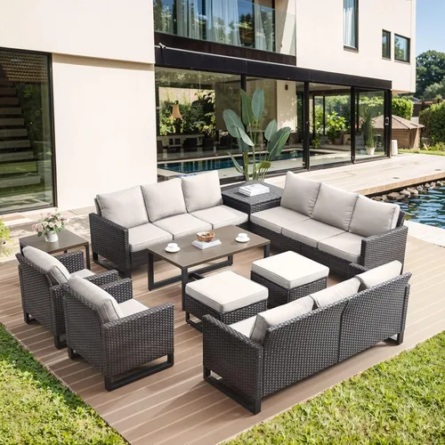Miniatura 103 de HUMMUH Juego de 2 sillas giratorias para patio, mimbre de polietileno, para exteriores, bistró, porche, balcón, muebles con cojines Gris/gris