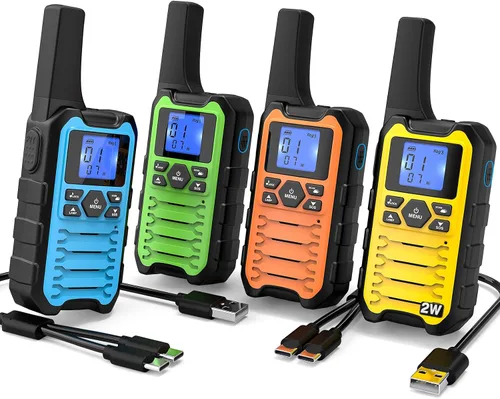 Wishouse K15 Walkie Talkies de largo alcance para adultos, radios bidireccionales recargables paquete de 4, 2W FRS, 22 canales, USB-C, linterna,