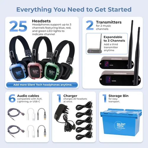 Miniatura 2 de Disco silencioso en una caja: 25 auriculares inalámbricos LED, transmisores de 2 canales, sistema de auriculares de disco silencioso Plug & Play