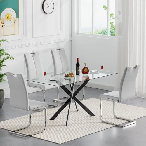 Miniatura 10 de Juego de mesa de comedor de cristal negro de 51 pulgadas para mesa de cocina de 4,5 piezas y sillas con patas de metal y 4 sillas de comedor de piel