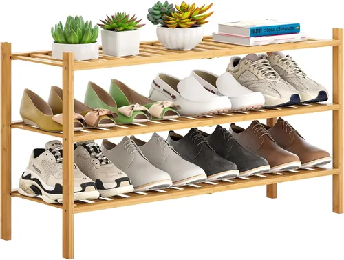 Miniatura 10 de Zapatero de bambú apilable para zapatos, organizador de almacenamiento para unidad, entrada, pasillo y armario, estante resistente independiente
