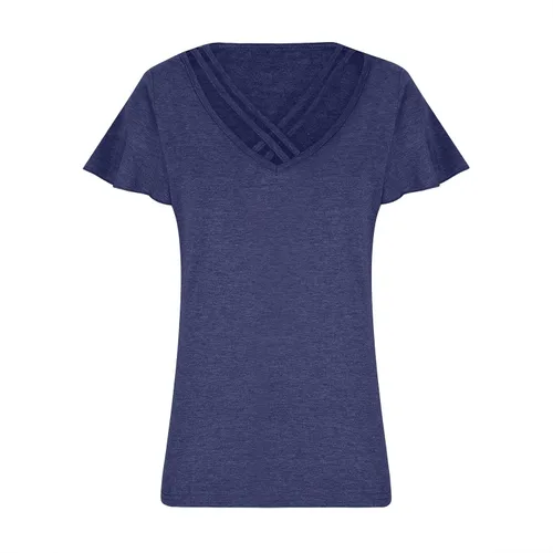 Miniatura 3 de Lastesso Camisetas de moda de verano para mujer, manga corta, cuello en V, blusas sólidas sueltas con volantes