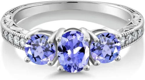 Miniatura 70 de Gem Stone King Anillo de compromiso de 3 piedras preciosas de oro blanco de 10 quilates con piedra natal y diamantes cultivados en laboratorio