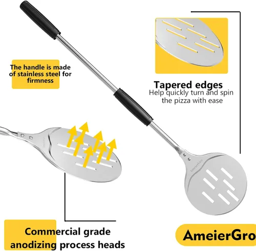 Miniatura 2 de Cáscara de torneado de pizza, espátula de pizza perforada de 7 pulgadas, espátula de pizza ajustable de mango largo, anodizado endurecido