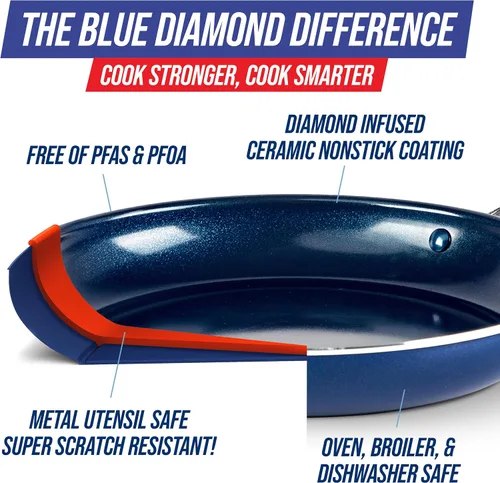 Miniatura 4 de Blue Diamond - Juego de parrilla de 11" y sartén antiadherente de 8", con cerámica infundida de diamante, sin PFAS ni PTFE, apto para lavavajillas