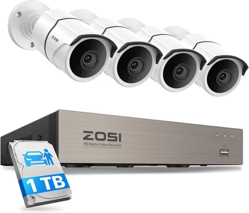ZOSI Sistema de cámara de seguridad para el hogar 8CH 3K Lite, detección de humanos y vehículos, visión nocturna de 120 pies, 4 cámaras de metal