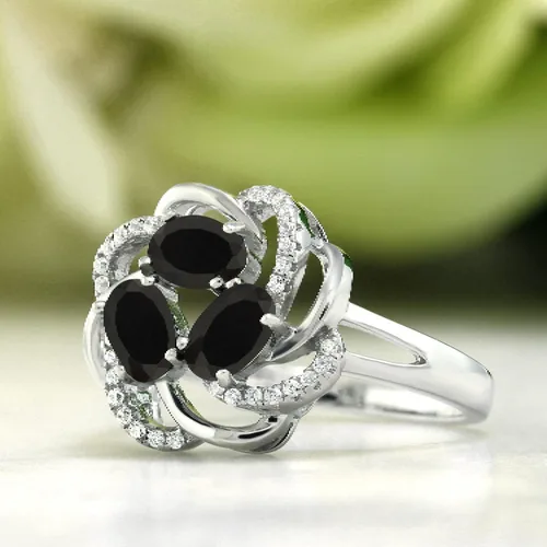 Miniatura 18 de Gem Stone King Flower Blossom Gemstone Birthstone Ring in 925 Sterling Silver 3-Stone Oval 6X4MM with Sparkling Accents Wedding Anniversary