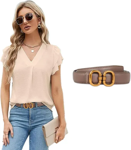 Miniatura 296 de Cinturón de cuero clásico con hebilla de metal para mujer con vestido de jeans