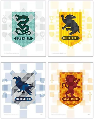 Harry Potter - Banderas de la casa de Hogwarts - Gryffindor - Slytherin - Ravenclaw - Hufflepuff - Diseño geométrico - Juego de cuatro arte de pared