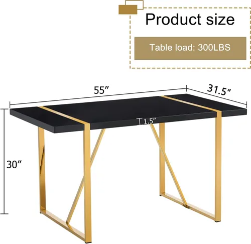 Miniatura 3 de Mesa de comedor Ebullient para 4, mesa de comedor rectangular negra de MDF, tapa de mesa de cena de mármol falso, mesa de comedor moderna con marco