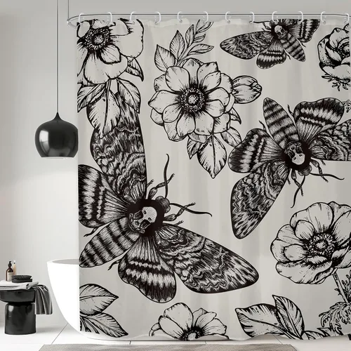 Cortina de ducha gótica con calavera para el baño, 60 pulgadas de ancho x 71 pulgadas de alto, con cabeza de muerte aterradora, polilla, flores