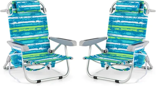 Miniatura 15 de Giantex Silla de playa tipo mochila, silla de camping plegable con 5 posiciones ajustables, soporte para tazas, bolsillos de almacenamiento
