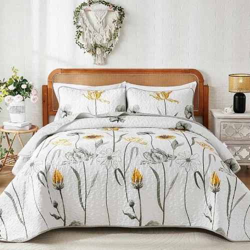 Miniatura 17 de WONGS BEDDING - Juego de edredón floral tamaño Queen, edredón botánico verde y amarillo con 2 fundas de almohada, juego de ropa de cama ligera