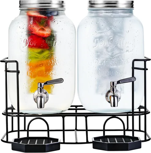 Kitchentoolz Dispensadores de bebidas de vidrio de doble galón con infusor de frutas e inserto de hielo, espitas de acero inoxidable, soporte de