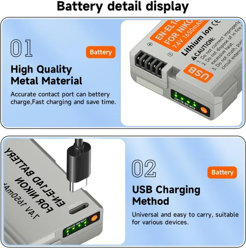 Miniatura 5 de EN-EL14, EN-EL14A USB C Batería de repuesto de carga directa para Nikon D3500, D3100, D3200, D3300, D3400, D5100, D5200, D5300, D5500, D5600, DF