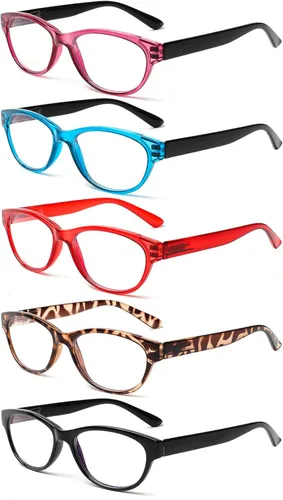 Miniatura 4 de SIGVAN Gafas de Lectura de Ojo de Gato para Damas 5 Pares con Bloqueo de Luz Azul Bisagra de Resorte Estampado de Patrón de Moda Lectores