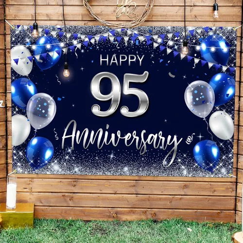 Cartel de fondo de feliz 95 aniversario, decoración plateada con purpurina de 95 años, decoración temática de fiesta de aniversario de boda,