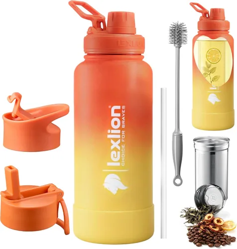 Miniatura 11 de Lexlion Botella de Agua con Infusor de Té 32 Oz – Termo de Acero Inoxidable con Triple Pared Aislada, Colador para Hojas Sueltas y Frutas, 3 Tapas a