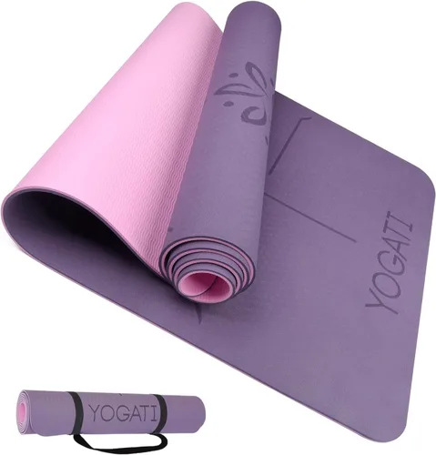 YOGATI® Esterilla de Yoga con Correa con Líneas de Alineación. Esterilla de Entrenamiento en Casa para Mujeres, Hombres y Niños. Esterilla de Yoga