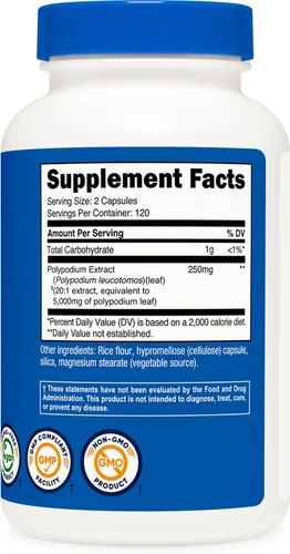 Miniatura 5 de Nutricost Extracto de Polypodium Leucotomos 240 cápsulas para 120 porciones, vegano, sin OMG, sin gluten