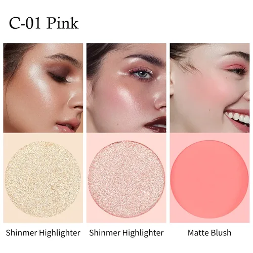Miniatura 2 de Boobeen Kit de rubor e iluminador, paleta de polvo prensado de maquillaje 3 en 1, bronceador brillante, rubor mate naranja y rosa, paleta facial