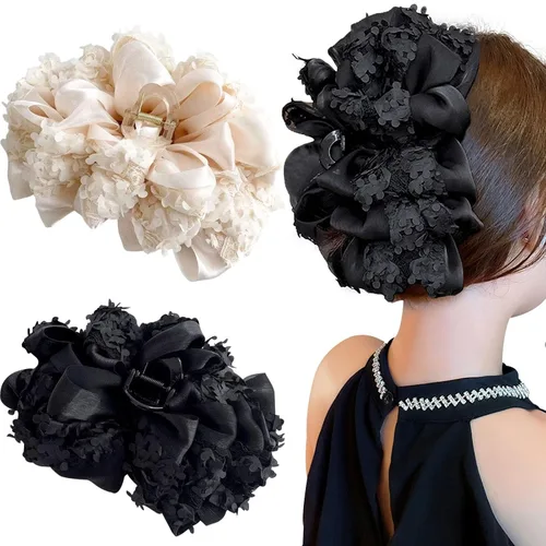 Miniatura 10 de Jaczora 2 pinzas para el pelo de seda de gasa, pinza grande de perlas con lazos, accesorios para el cabello para mujeres y niñas