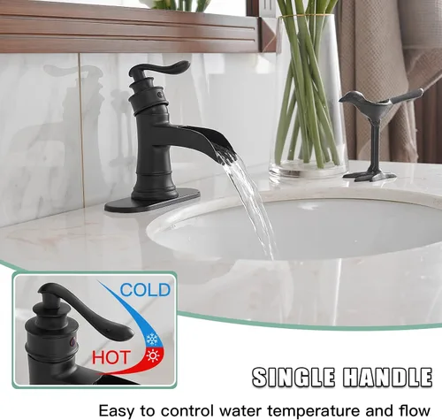 Miniatura 3 de BWE - Grifo de baño negro mate con cascada para lavabo, estilo granja, para tocador de baño, de un solo agujero, con una manija, mezclador
