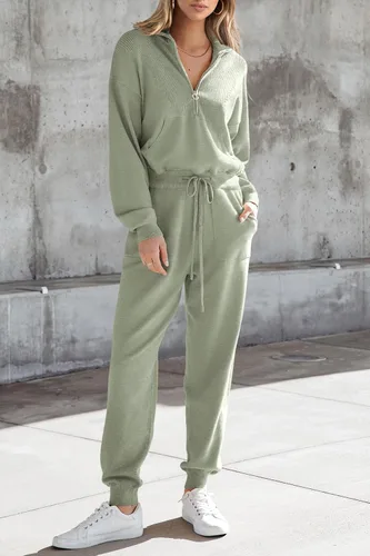 Miniatura 40 de PRETTYGARDEN Conjunto de suéter de 2 piezas para mujer, sudadera con cremallera, pantalones deportivos, ropa casual