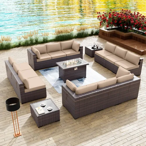 Miniatura 18 de Kullavik Juego de 13 muebles de patio al aire libre con mesa de fogata de gas propano de 43 pulgadas, 55000 BTU, mimbre de polietileno, sofá Arena