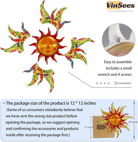 Miniatura 4 de Decoración de pared de sol de metal de 19 pulgadas, decoración de pared de sol de metal 3D de doble capa y vidrio para exteriores e interiores