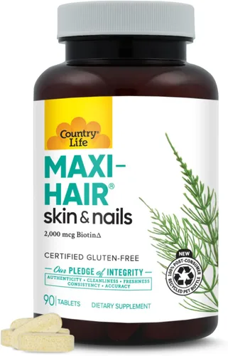 Country Life Suplemento Maxi-Hair - 2000 mcg de biotina y vitaminas para cabello, piel y uñas - Certificado sin gluten y vegetariano - Apoya el