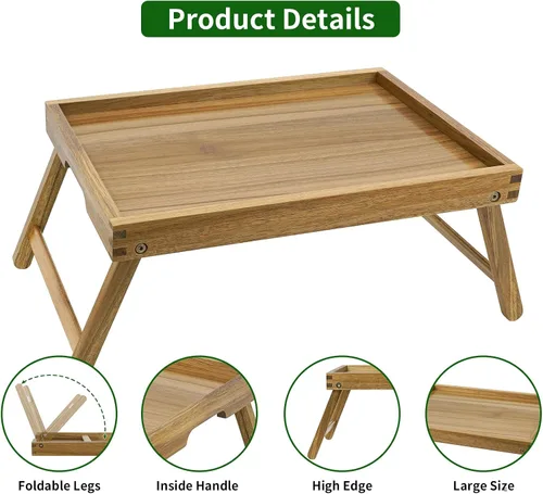 Miniatura 4 de VaeFae Bandeja de mesa de cama de acacia, bandeja de desayuno de madera con patas plegables, bandeja de cama para comer y computadora portátil