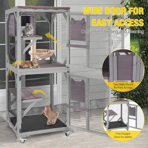 Miniatura 2 de Aivituvin Catio - Jaula de madera para gatos al aire libre con acceso a ventana, casa grande para gatitos sobre ruedas, 62.4 pulgadas, patio