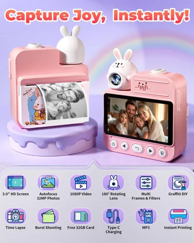 Miniatura 2 de Cámara para niños con impresión instantánea, juguetes, regalos de Navidad y cumpleaños para niñas y niños, cámara digital para niños de 3.0