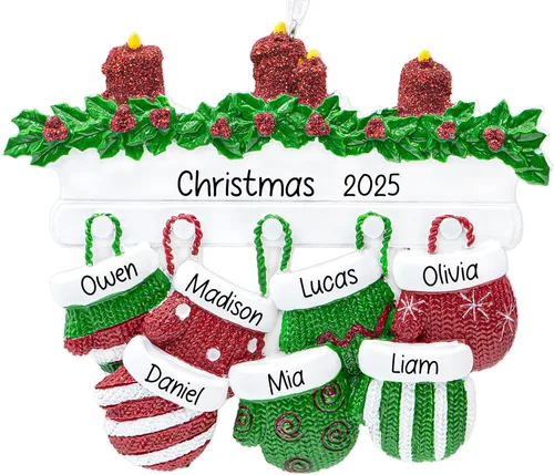 Miniatura 11 de Adorno de Navidad personalizado para familia de 6 miembros 2026 Manoplas con velas con purpurina en la decoración del árbol de Navidad del manto