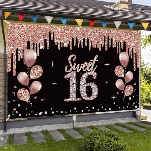 Miniatura 3 de Cartel de decoración de feliz cumpleaños número 16 para niñas, decoración de cumpleaños de 16 años de oro rosa, suministros de fiesta, fondo