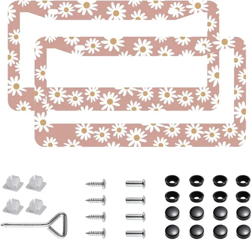 Miniatura 8 de Paquete de 2 marcos para placa de automóvil de acero inoxidable con tornillos, tapas y destornilladores, para mujeres y niñas, diseño de flores de 7