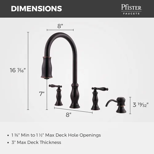 Miniatura 2 de Pfister Hanover - Grifo de cocina con rociador desplegable y dispensador de jabón, 2 mangos, 4 agujeros, arco alto, acabado en bronce toscano