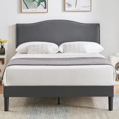 VECELO Base de cama Queen con cabecera tapizada, marco fuerte y soporte de listones de madera, fuerte capacidad de peso, antideslizante y sin ruido,