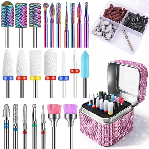 Juego de 100 brocas de uñas con caja de almacenamiento, 25 brocas profesionales de carburo de tungsteno, cerámica y cutículas + 75 bandas de lijado