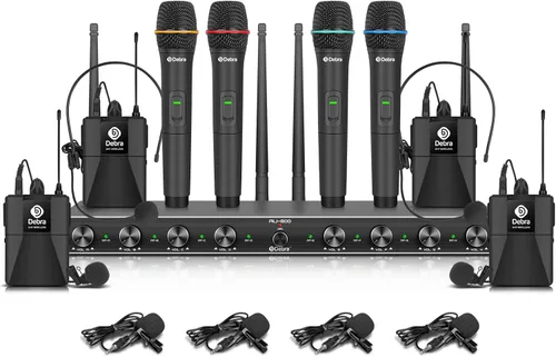 D Debra Audio AU800 Pro UHF Sistema de micrófono inalámbrico de 8 canales con micrófonos de mano inalámbricos tipo lavalier con auriculares,